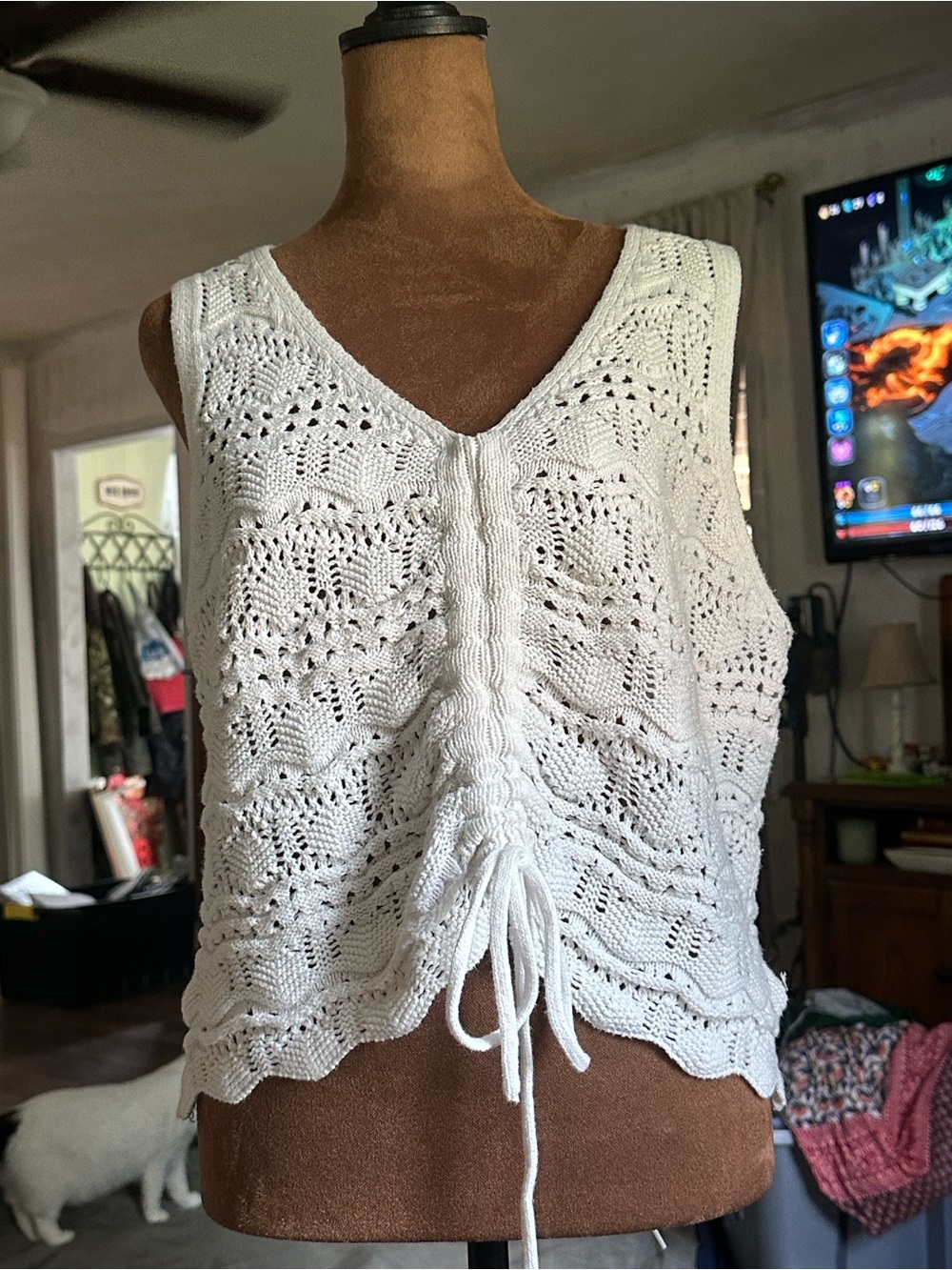 Jessica Simpson White Pointellle Knit Drawstring Tank Top Sleeveless Size Large